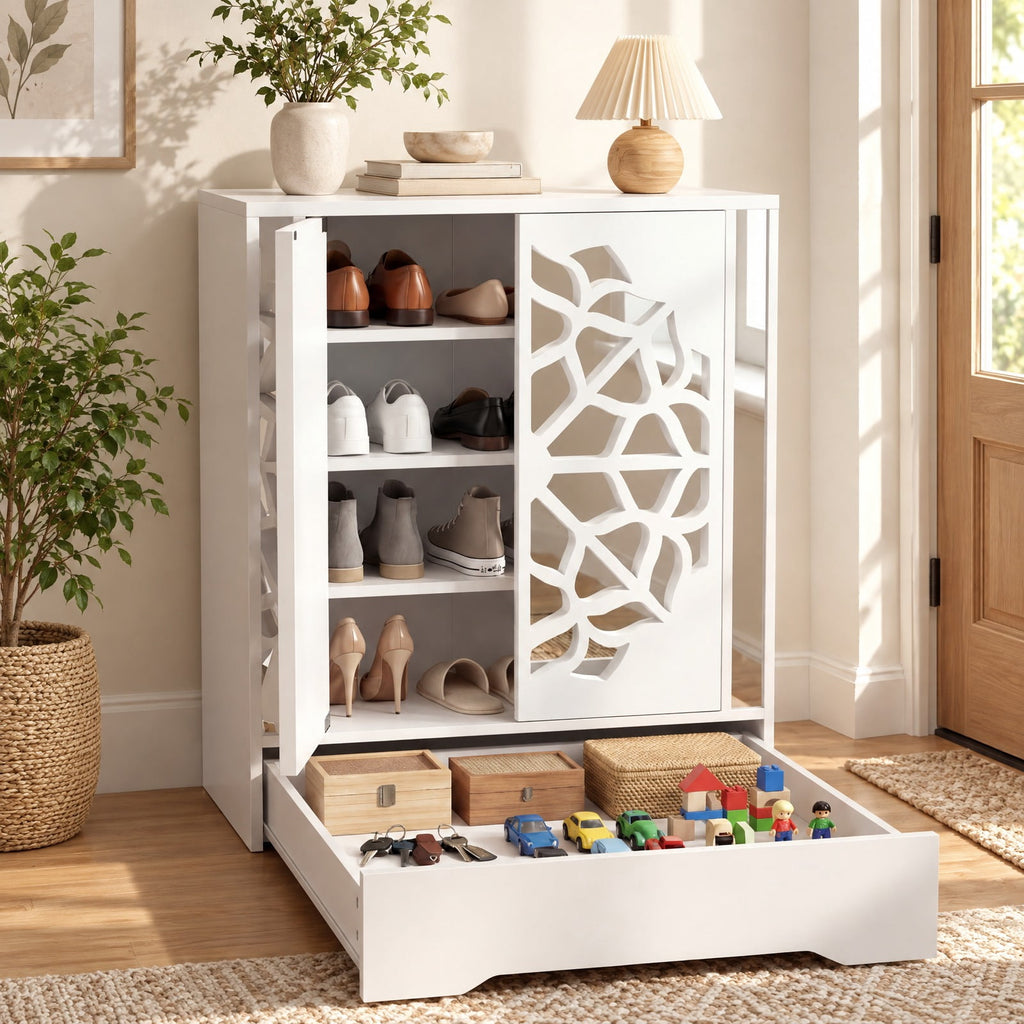 Airfind Mirrored Shoe Cabinet 4-Tier Shoe Organizer with Large Drawer, MDF Engineered Wood Frame, 31 x 16 x 37 inch Footprint, White