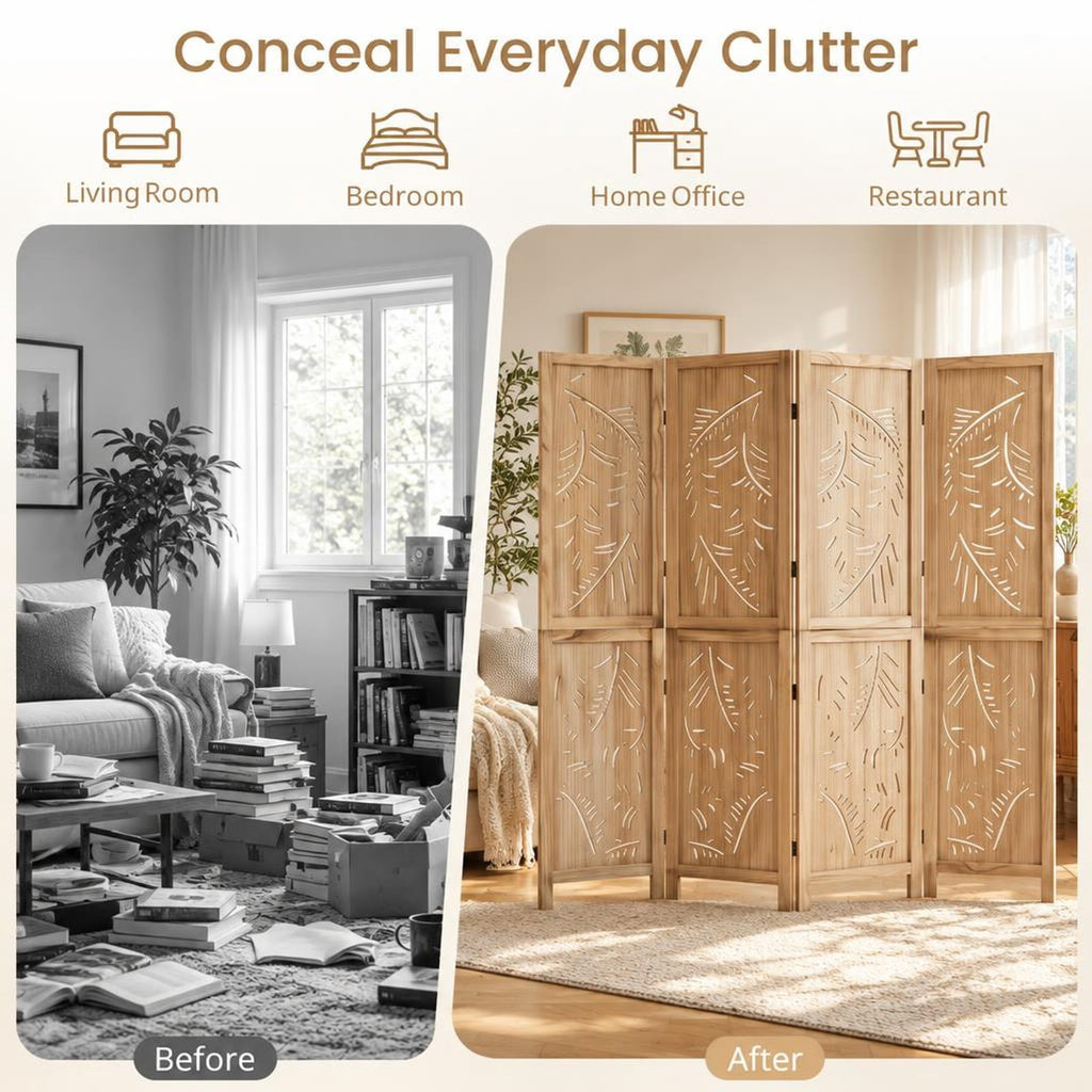 Airfind 4-Panel Wooden Room Divider with Palm Leaf Design and Paulownia Frame for Home, 67in x 16in x 3.5in Footprint, Natural