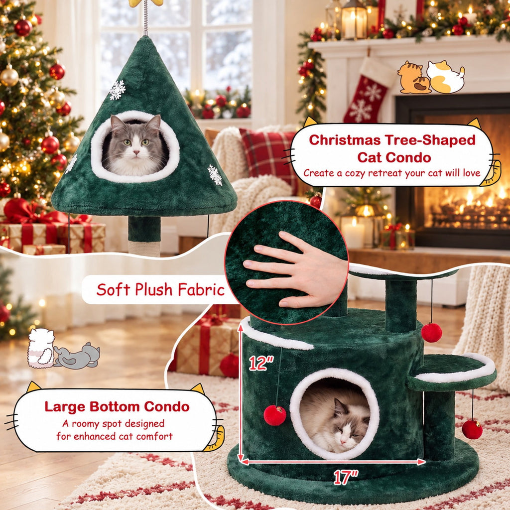 Airfind 50in Christmas Cat Tree with 2 Condos and Sisal Scratching Post, Green, Star-shaped spring toy for extra entertainment