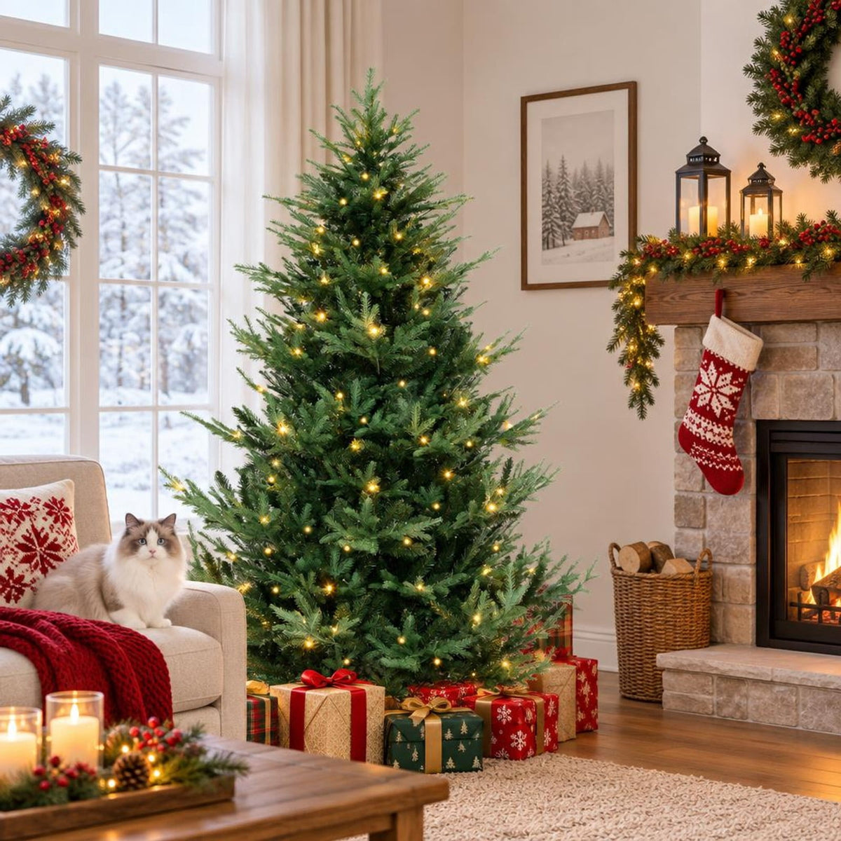 Airfind Pre-lit Artificial Christmas Tree 8 Ft featuring 1480 PVC and PE Branch Tips, Hinged Sections and Metal Stand for Everyday Home Use, Green