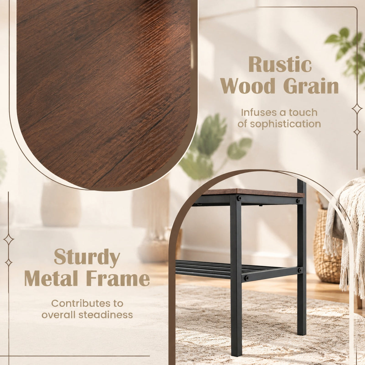 Airfind 3-in-1 Hall Tree Freestanding Entryway Bench with Hooks, 220 lbs Capacity, Metal Engineered Wood ABS Frame, Rustic Brown + Black