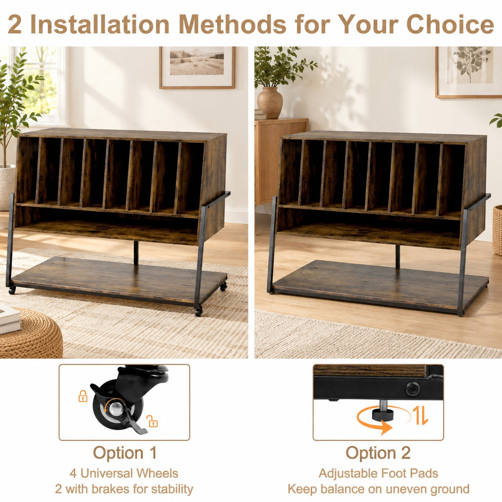 Airfind Turntable Stand with Charging Station and Vinyl Storage Shelves, 44 lbs Capacity, Engineered Wood MDF Metal Frame, Brown