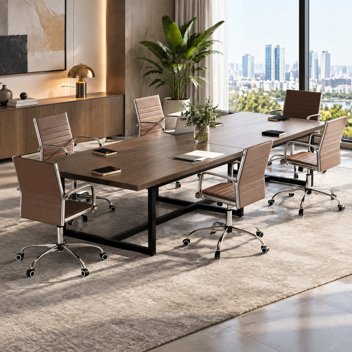 Airfind Office Chair Height Adjustable Conference Room Chair with Rocking Backrest Armrests, 330 lbs Capacity, PU Leather Sponge Metal Frame, Brown
