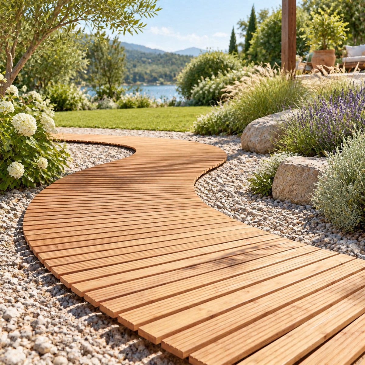 AIRFIND Wooden Garden Pathway with Curved Roll-Up Design, Textured Fir Wood Slats and Connected Wire Supports, 17 in Wide, Natural