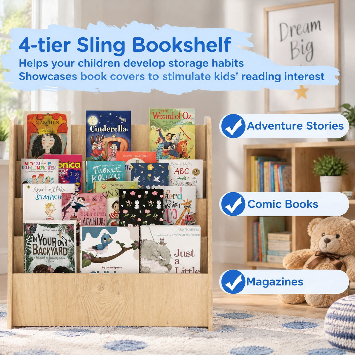 Airfind 4-Tier Kids Bookshelf with Deep Compartments for Bedroom, Natural, 4 open and deep compartments for book storage