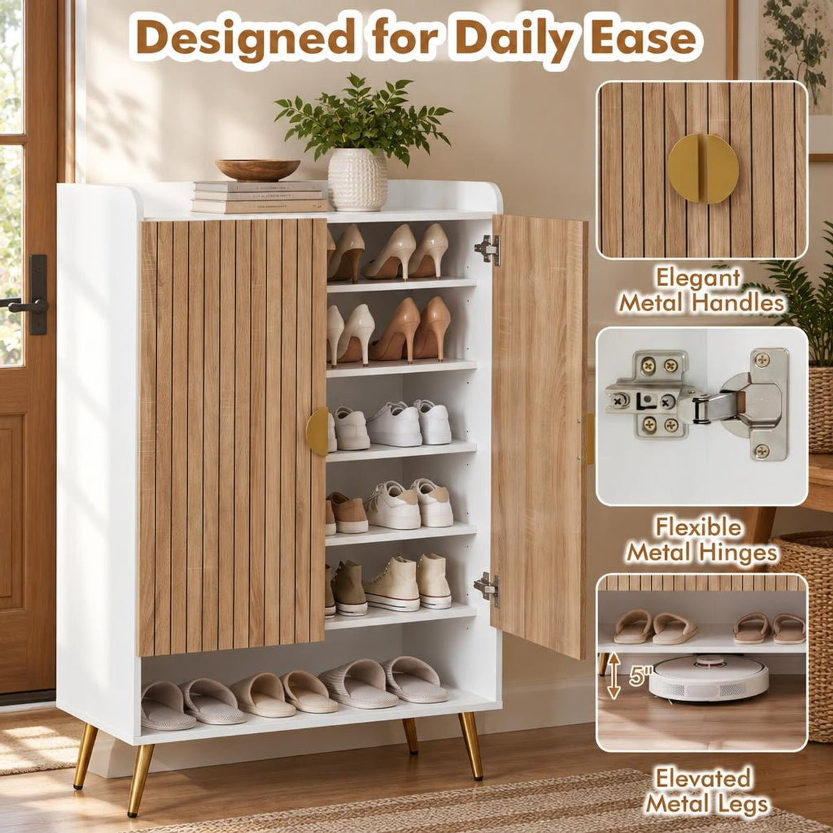 Airfind 44in Tall Shoe Storage Cabinet with 7-Tier Doors and Adjustable Shelves for Entryway, 110 lbs Capacity, Engineered Wood Metal Frame, Natural