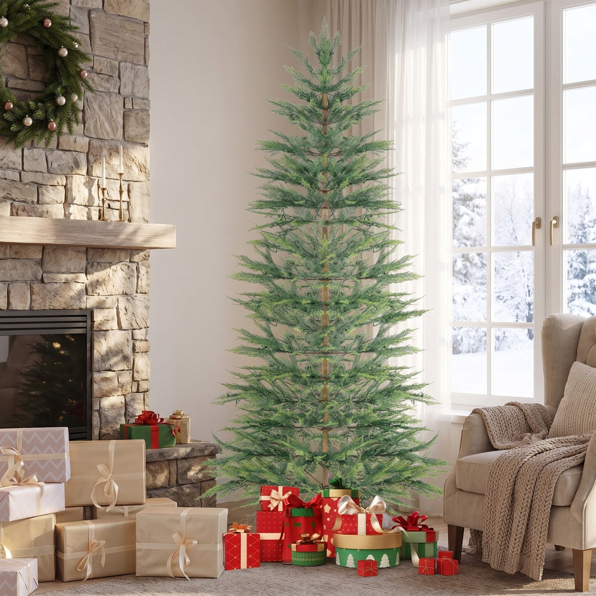 Airfind 6.5/7.5 Feet Artificial Cypress Christmas Tree Pre-lit Hinged-7.5 ft, PE Metal Tree Height 6.5 ft/7.5 ft Tree Width 4 ft Frame, Green