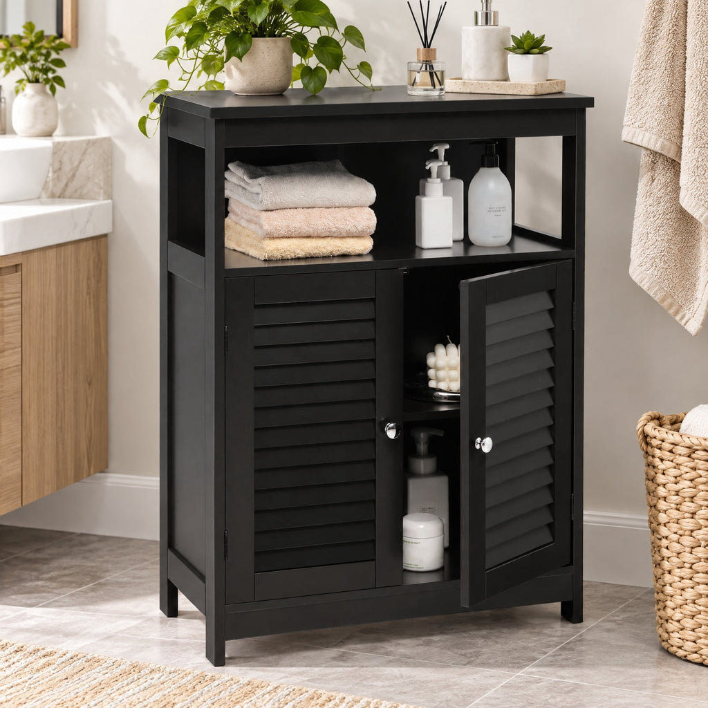 Airfind Wood Freestanding Bathroom Storage Cabinet with Double Shutter Door, 77 lbs Capacity, P2 MDF Frame, 23.5in x 12in x 31.5in Footprint, Black