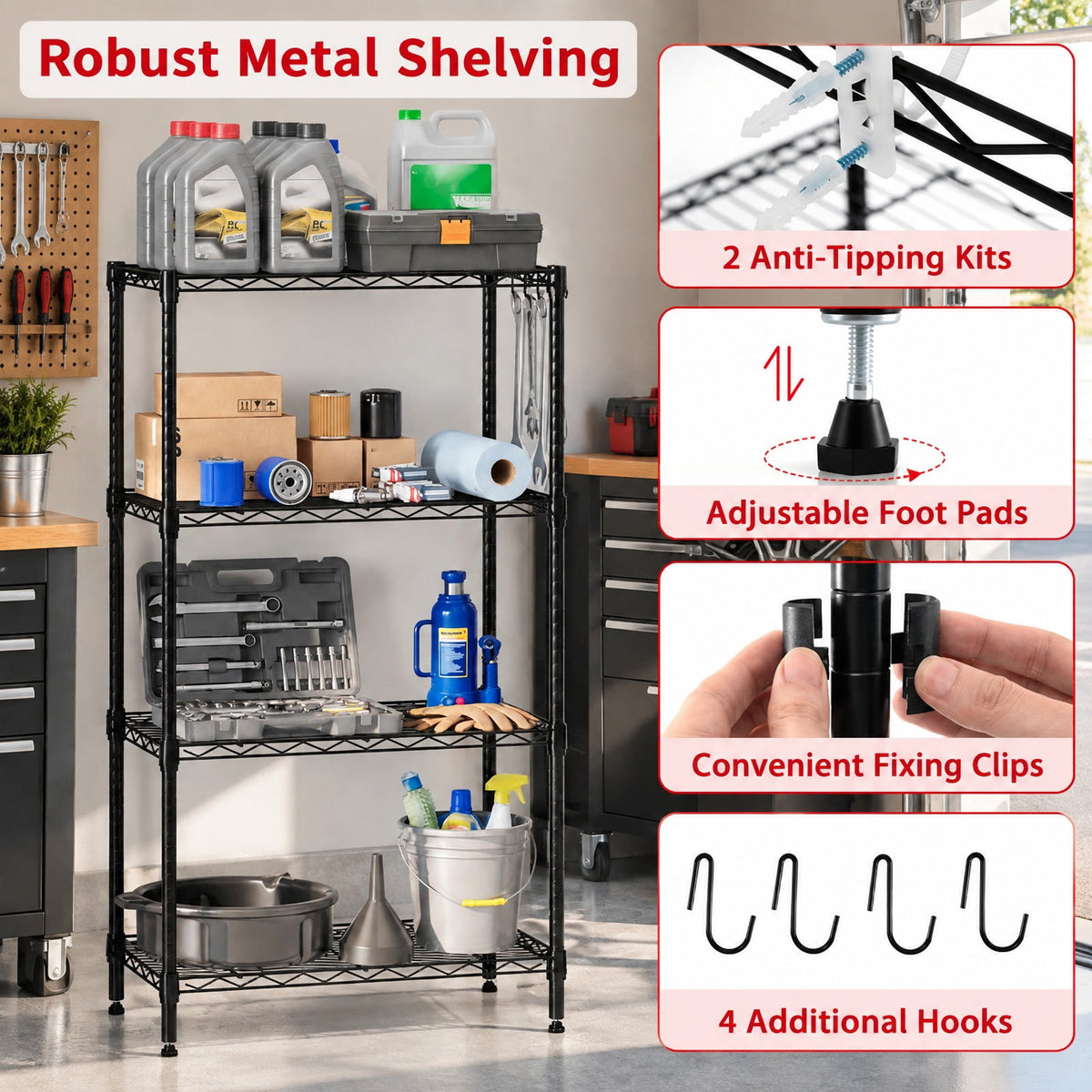 Airfind 4-Tier Metal Storage Shelving Unit with V-Shaped Wire Rack and 600 LBS Capacity, 600 lbs Capacity, Metal Frame, Black