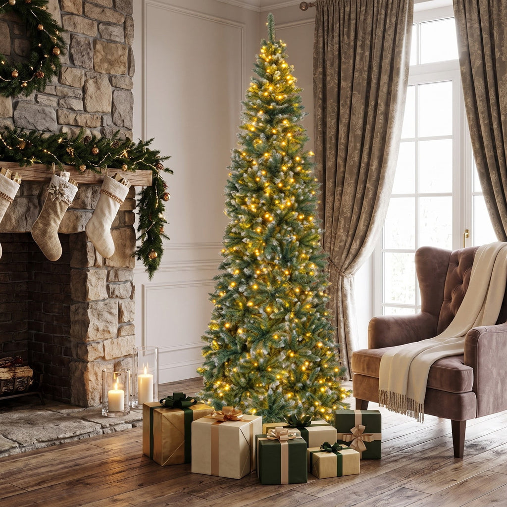 Airfind 9 FT Pre-Lit Artificial Christmas Tree with 1298 Snowy Branch Tips, PVC Metal Tree Height 270 cm Tree Width 88 cm Frame, Blue+Green