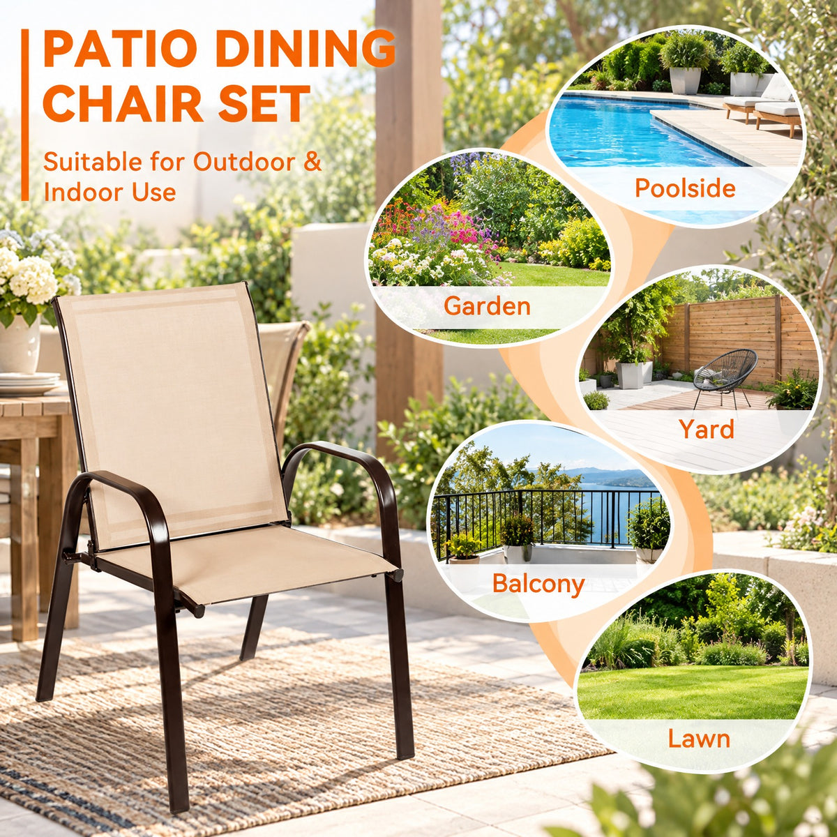Airfind 2 Pcs Patio Chairs Outdoor Dining Chair with Armrest, 440 lbs Capacity, Steel fabric Frame, Beige