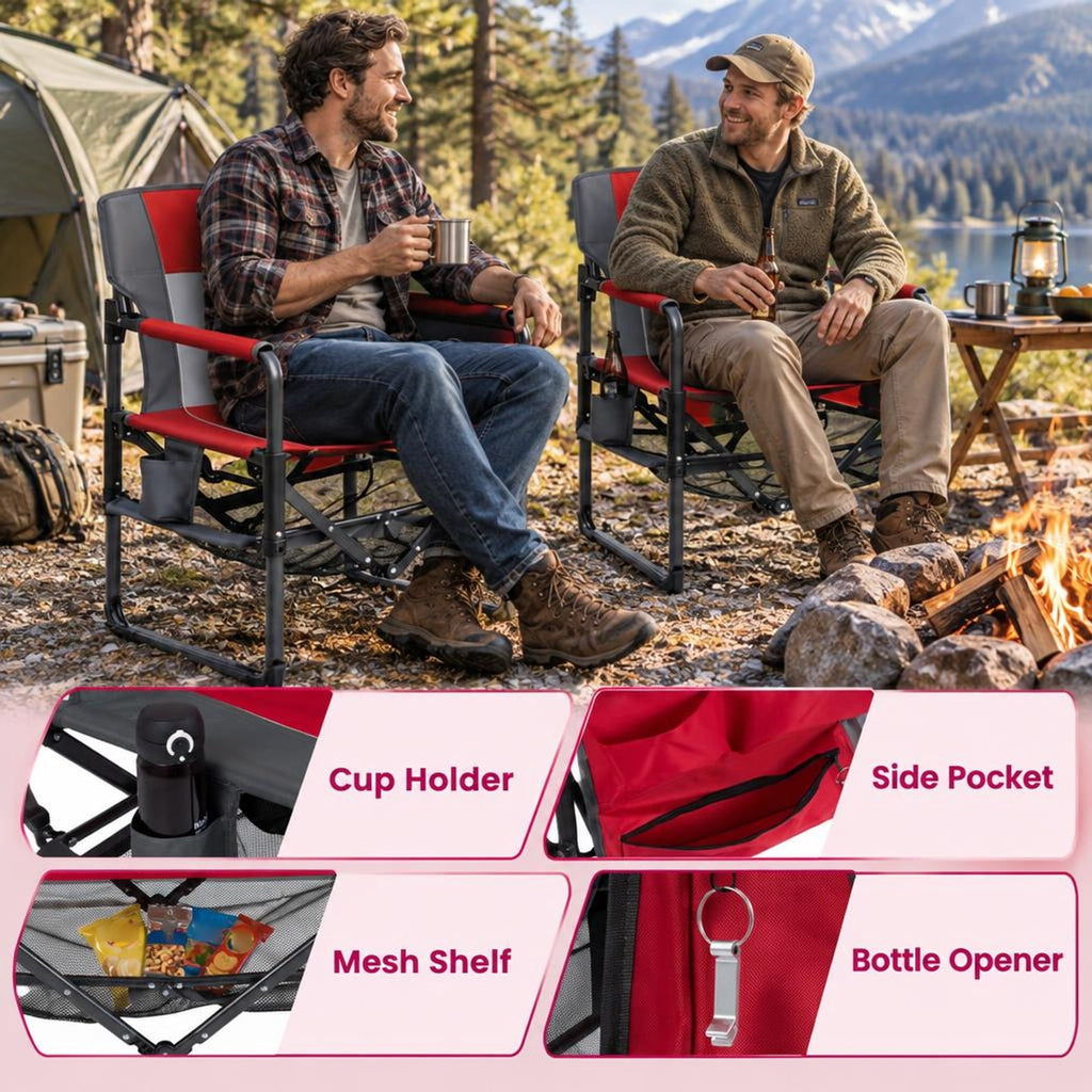 Airfind Heavy Duty Outdoor Camping Chair with Cup Holder and Side Pocket, 330 lbs Capacity, Metal Nylon Mesh PVC Fabric PP Frame, Red