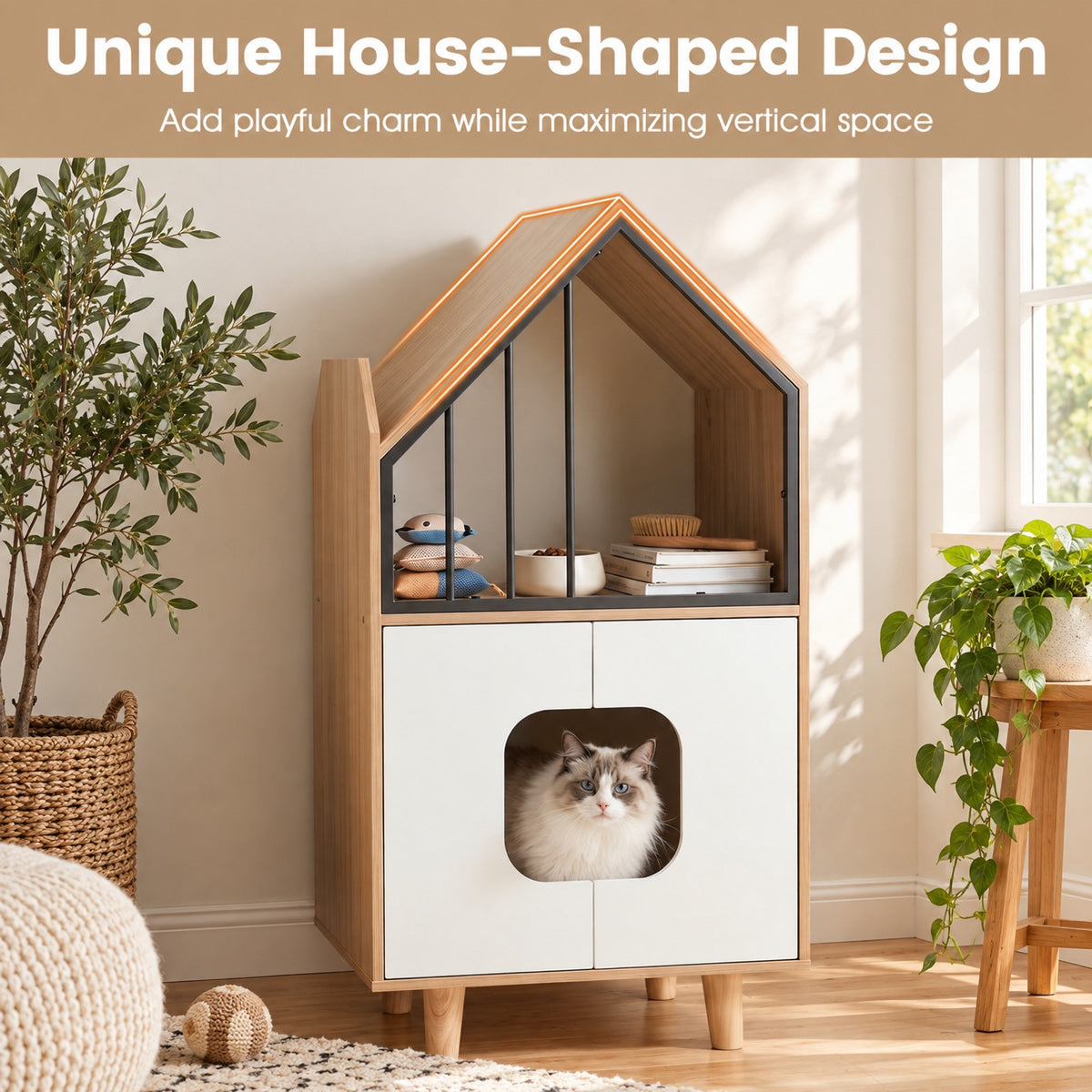 Airfind Cat Litter Box Enclosure, with Shelf and 2 Doors Wooden House, 44 lbs Capacity, Engineered Wood Rubber Wood Metal Frame, Natural