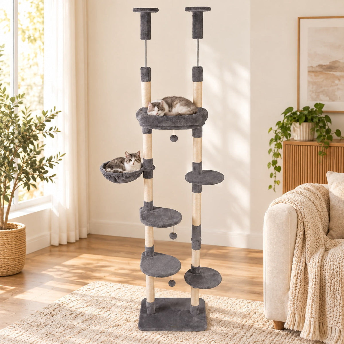 Airfind 6-tier Floor to Ceiling Cat Tree with Plush Bed and Sisal Scratching Posts, 33 kg Capacity, Plywood Plush Metal Sisal Rope Frame, Beige