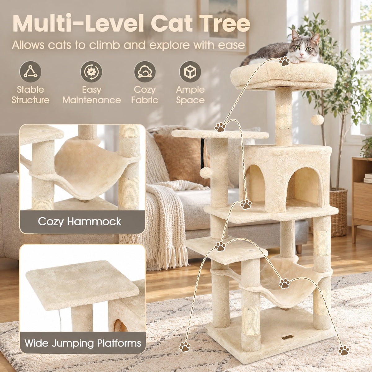 Airfind Multi-Level Cat Tower with 2-Door Condo and Padded Top Perch, PP Cotton Fabric Sisal Engineered Wood Overall Height 44 Base Frame, Beige