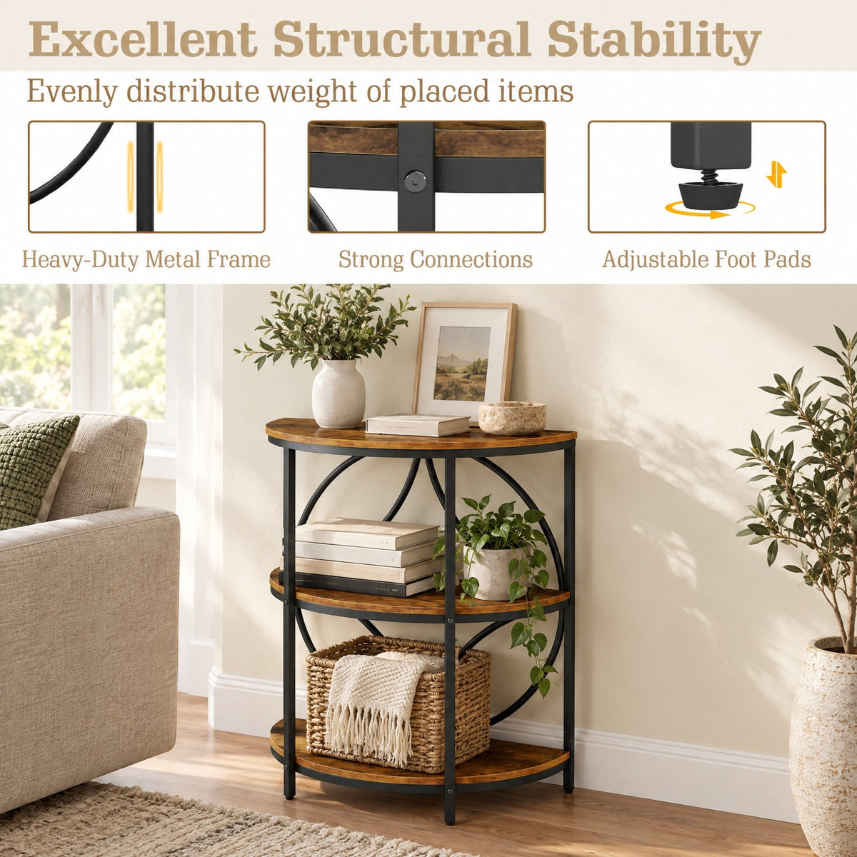 Airfind 3, Tier Half Round End Table with Study Metal Frame for Living Room, Rustic Brown, Smooth rounded edges ensure reliable safety during use