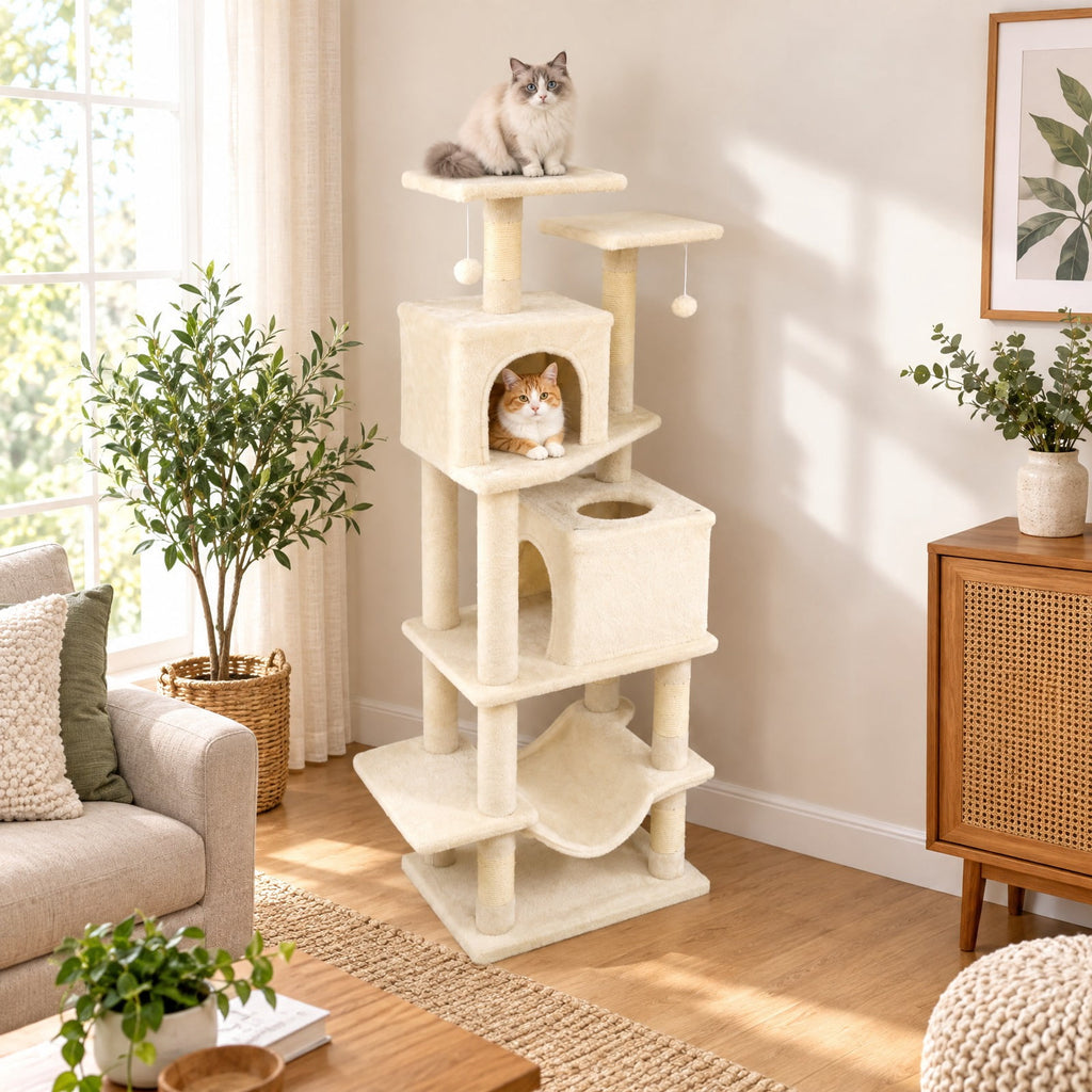 Airfind 57 Inch Cat Tree with Dual Condos and Hammock and 2 Dangling Balls, 29 x 16 Footprint, Beige