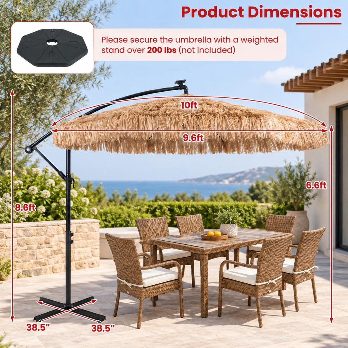 Airfind 10 FT Solar Thatched Cantilever Umbrella with 96 Multi-color Flowing Lights and 12 Modes, PE Thatch Polyester Fabric Metal ABS Frame, Brown