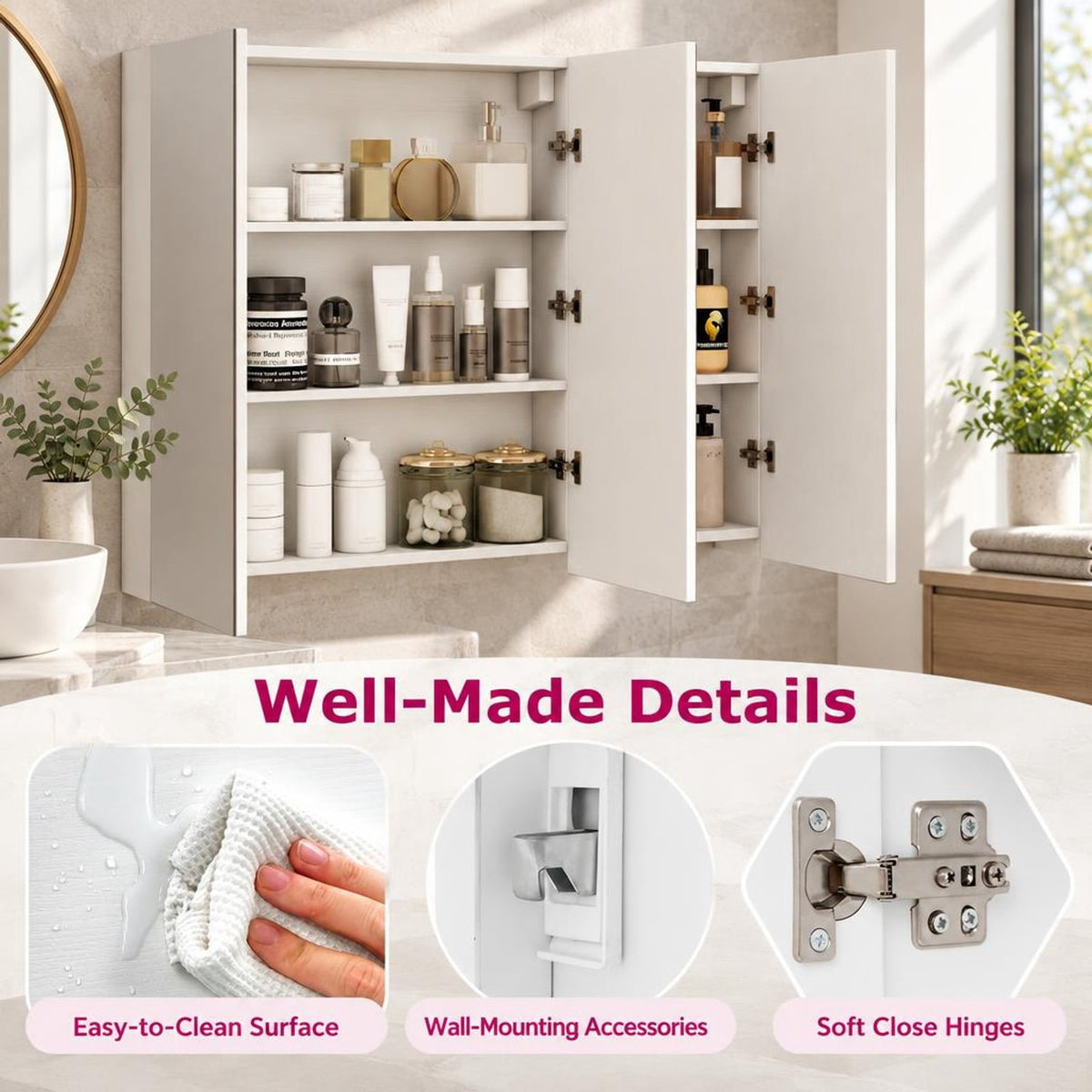 Airfind Frameless Bathroom Wall Mounted Mirror Cabinet with 3 Doors, Engineered Wood Glass Frame, 34.5 Inch x 5 Inch x 25.5 Inch (L x W x H). Footprint, White