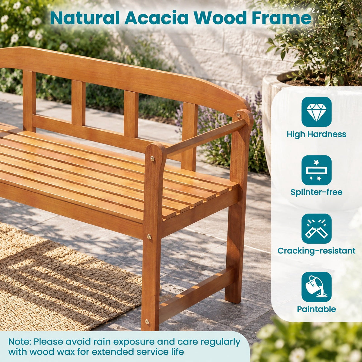 Airfind 2-Seater Outdoor Acacia Wood Garden Bench with Backrest Armrests, 800 lbs Capacity, Acacia Wood Frame, Wood