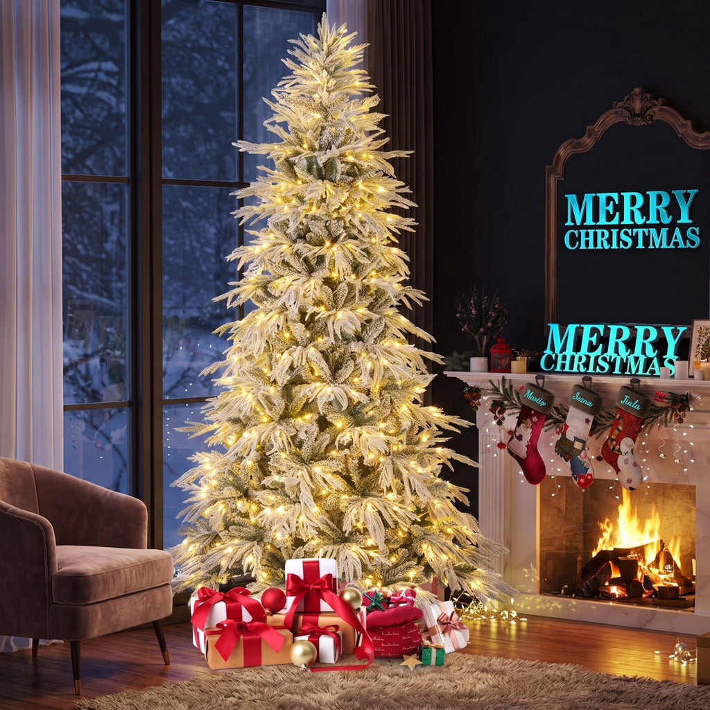 Airfind 8 Feet Snow-flocked Artificial Christmas Tree Pre, PE PVC Metal Tree Height 8/7/6 ft Tree Width 5/4.5/3.5 ft Frame, White