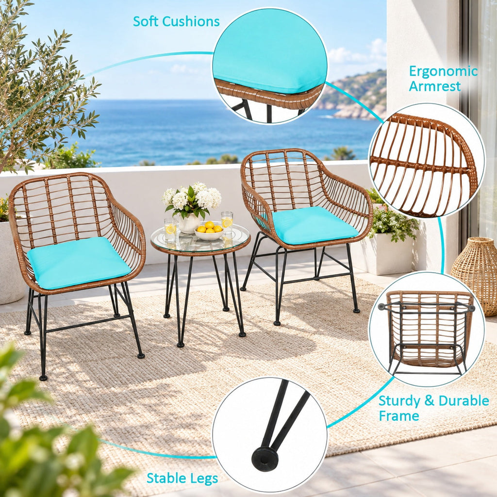 Airfind 3 Pieces Patio Rattan Bistro Set with Cushion, 170 lbs Capacity, Steel Rattan Sponge Polyester Frame, 22.5 Inch x 24 Inch x 31.5 Inch Footprint