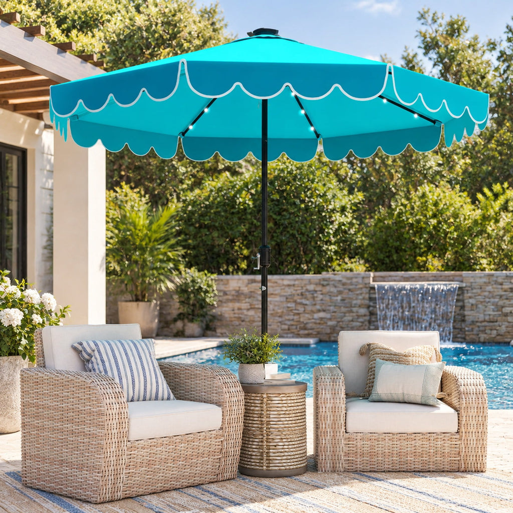 Airfind 10 Feet Solar Patio Umbrella with 24 LED Lights, Polyester Fabric Metal Frame, 10 x 8.3 ft Umbrella Rim Height 6.9 ft Footprint, Turquoise