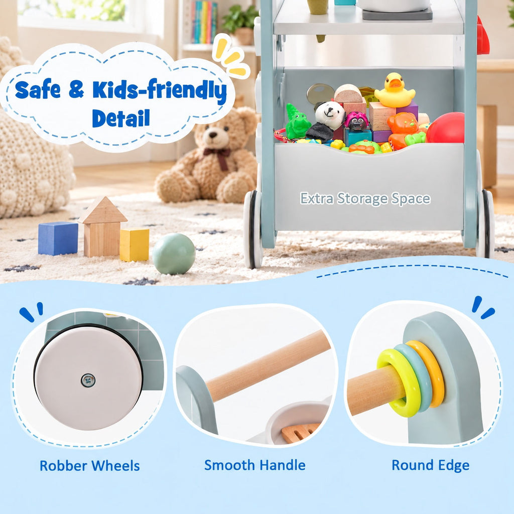 Airfind 6-in-1 Wooden Baby Stroller with Play Kitchen for Kids Over 12 Months, MDF Beech Wood Plastic Frame, 12 x 13.5 x 16.5 Footprint, Blue