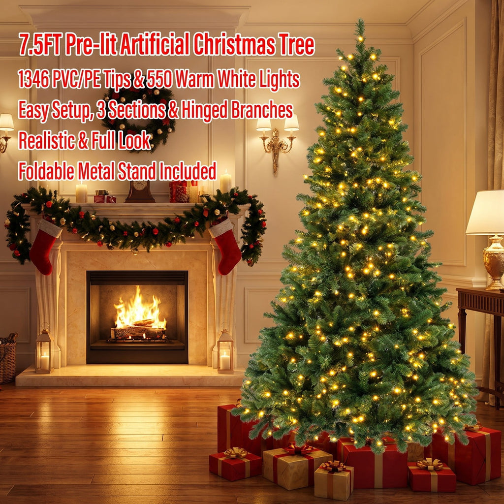 Airfind 6/7/8 Feet Hinged Christmas Tree with PVC Branch Tips Warm White LED Lights-6 ft, PVC Metal Frame, White