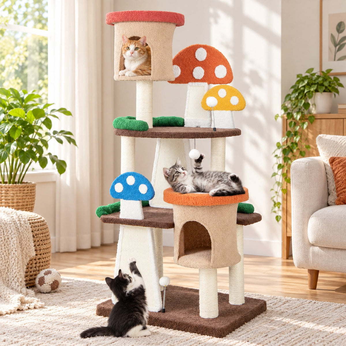 Airfind 4-In-1 Cat Tree with 2 Condos and Platforms for Indoors, 22 lbs Capacity, Natural Sisal Teddy Fabric Engineered Wood Frame, Multicolor