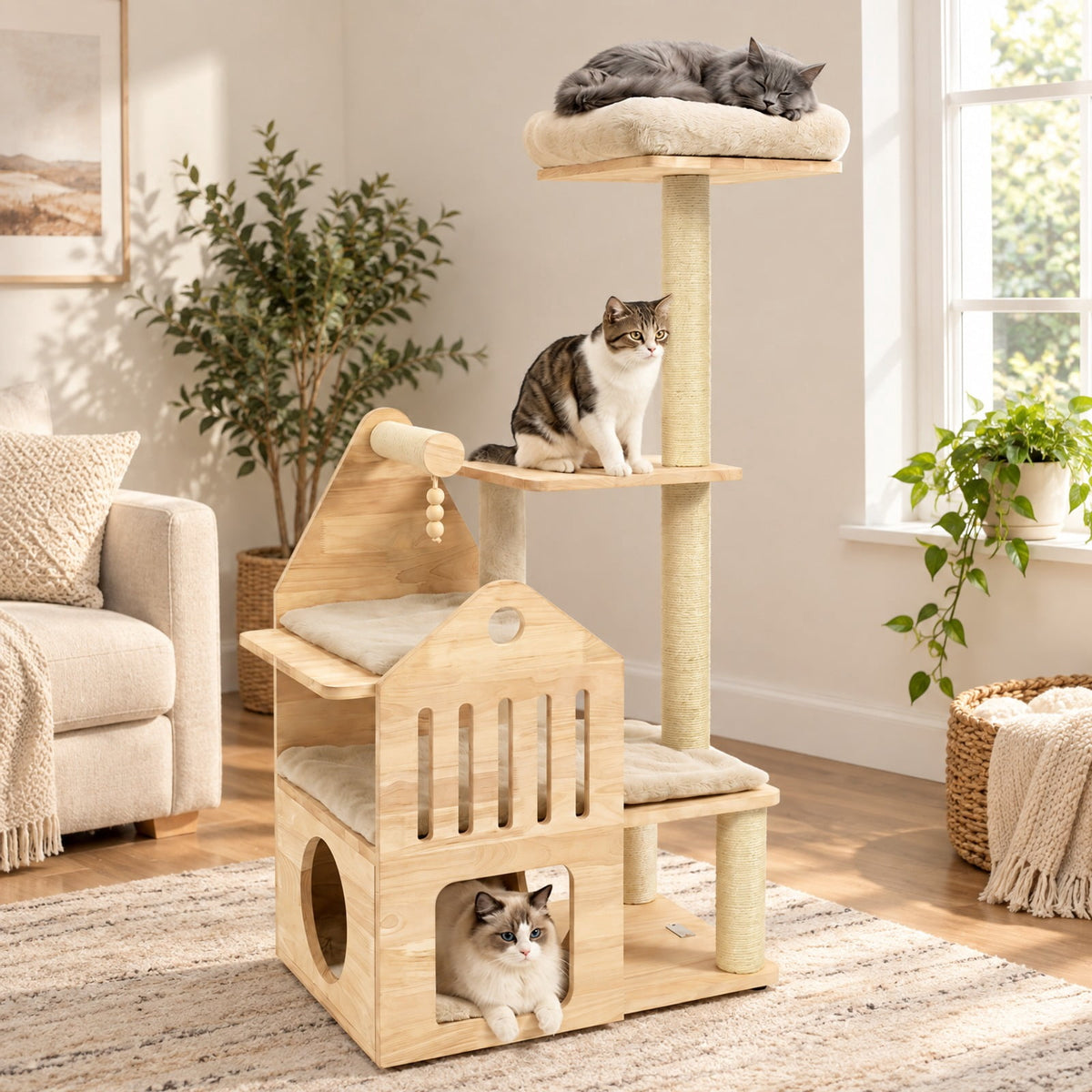 Airfind 48.5in Multi-Level Solid Wood Cat Tree for Indoor Cats with Padded Top Perch Cat Condo and Sisal Scratching Posts, Beige