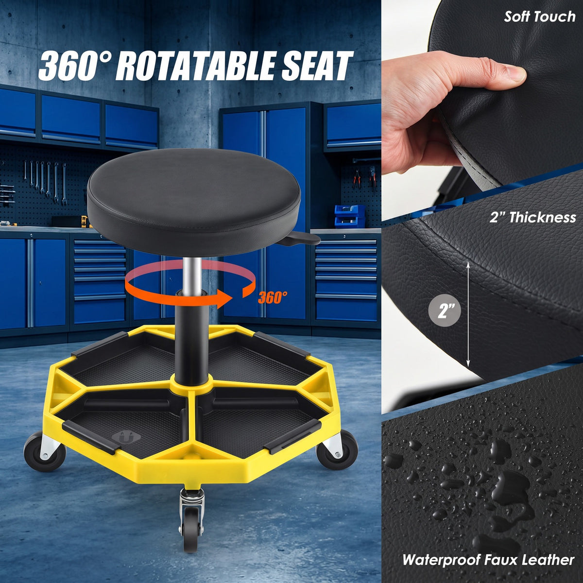 Airfind 330 LBS Capacity Pneumatic Rolling Mechanic Stool with Padded Seat, 20 x 20 x 16 inch Footprint, Yellow