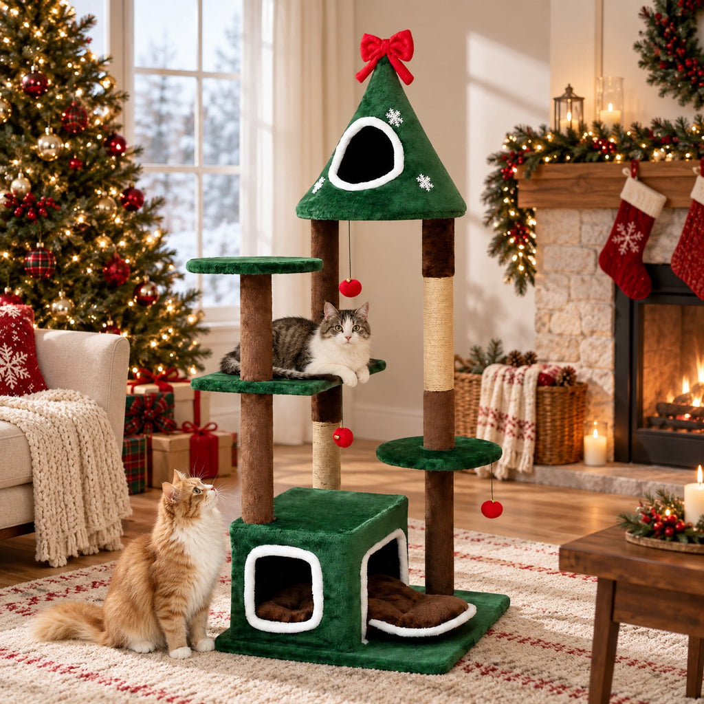 Airfind 54Christmas Cat Tree with 2 Condos and Removable Cushion, 22 lbs Capacity, Engineered Wood Frame, 30 x 24.5 x 54 Footprint, Green