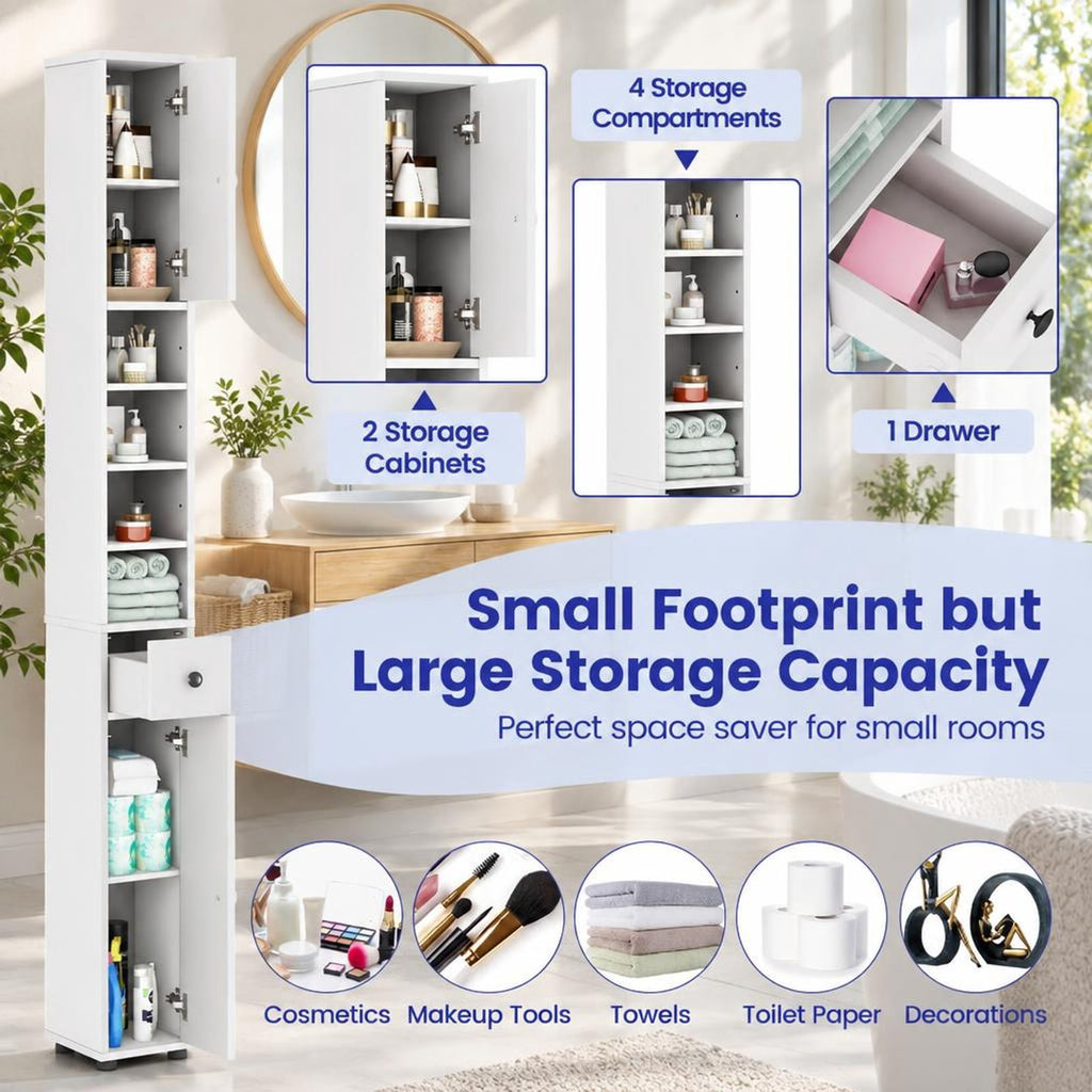 Airfind Freestanding Slim Bathroom Cabinet with Drawer and Adjustable Shelves, 110 lbs Capacity, MDF Frame, 8in x 8in x 71in Total Footprint, White