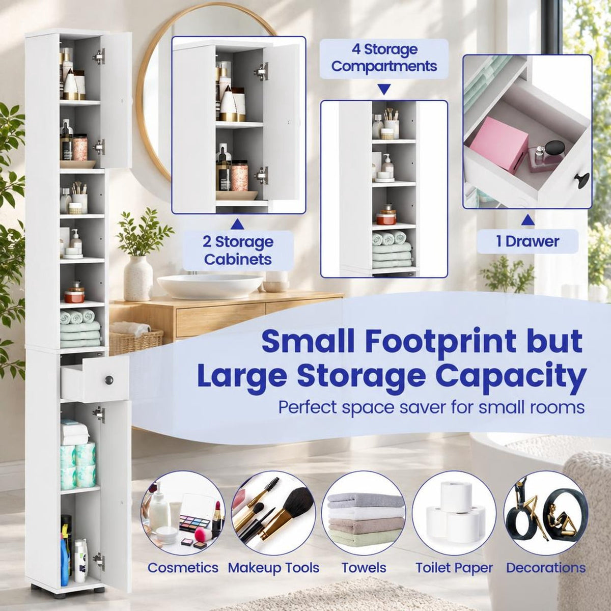 Airfind Freestanding Slim Bathroom Cabinet with Drawer and Adjustable Shelves, 110 lbs Capacity, MDF Frame, 8in x 8in x 71in Total Footprint, White