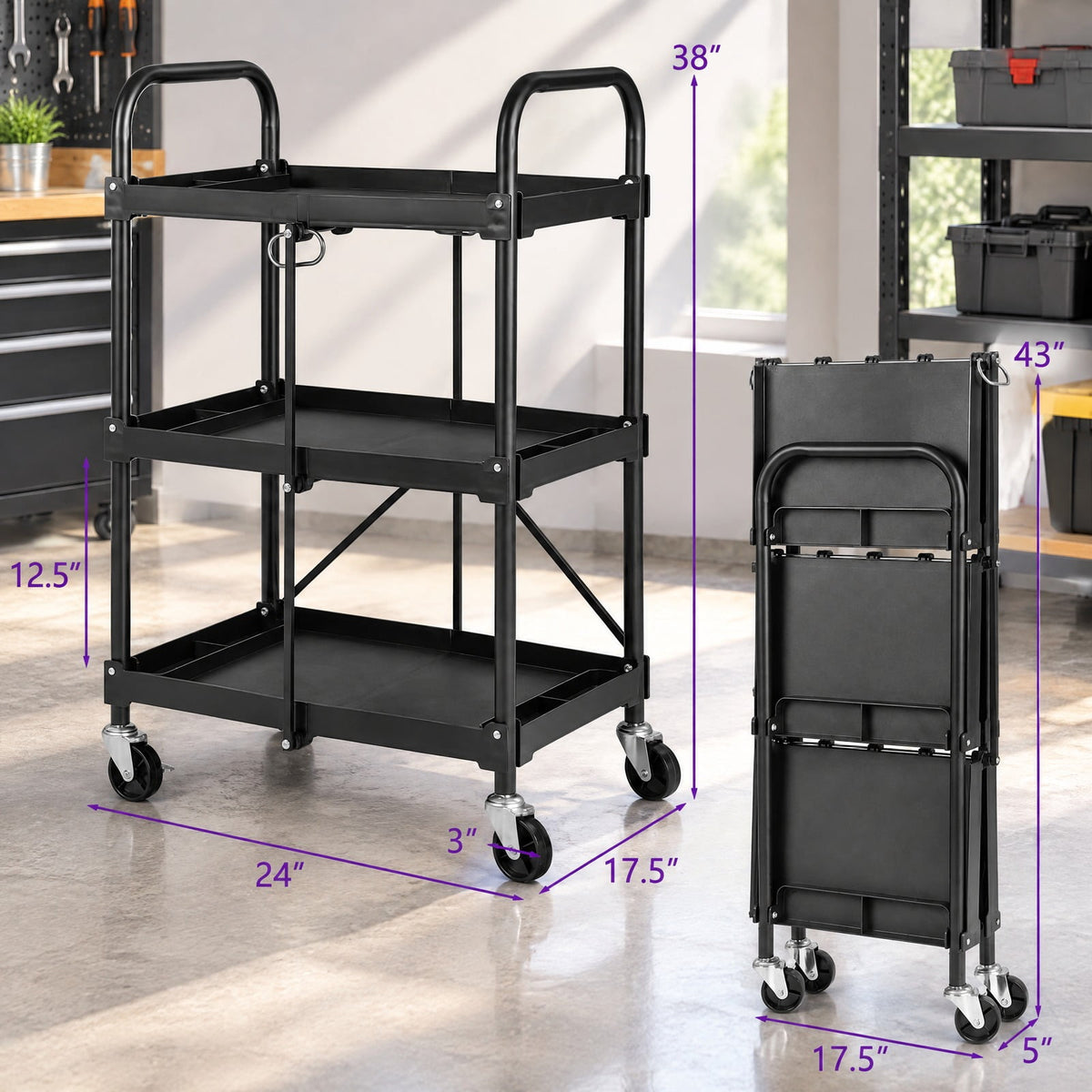 Airfind 3-Tier Folding Trolley Cart with Universal Wheels Heavy Duty for Warehouse, 33 lbs Capacity, Metal Frame, 24 x 16 x 38.5 Footprint, Black