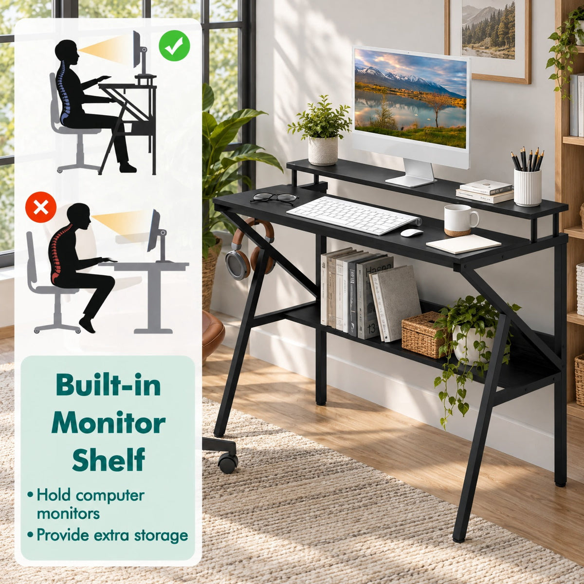 Airfind Space Saving Computer Desk with Monitor Stand and Extra Storage Shelf for Work Study, 200 lbs Capacity, Engineered Wood Metal Frame, Black
