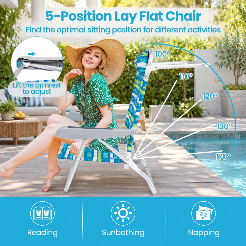 Airfind 2 Pack Folding Beach Chair with Adjustable Positions and Head Pillow, Metal Oxford Fabric Aluminum Frame, Green