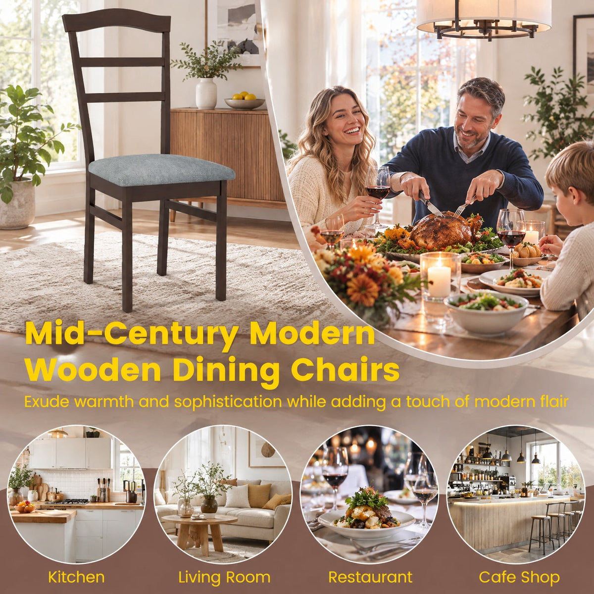 Airfind Wooden Dining Chair Set of 2 Linen Fabric Upholstered Kitchen Chairs Farmhouse Side Accent Chairs, Chair 265 lbs Capacity, Coffee+Grey