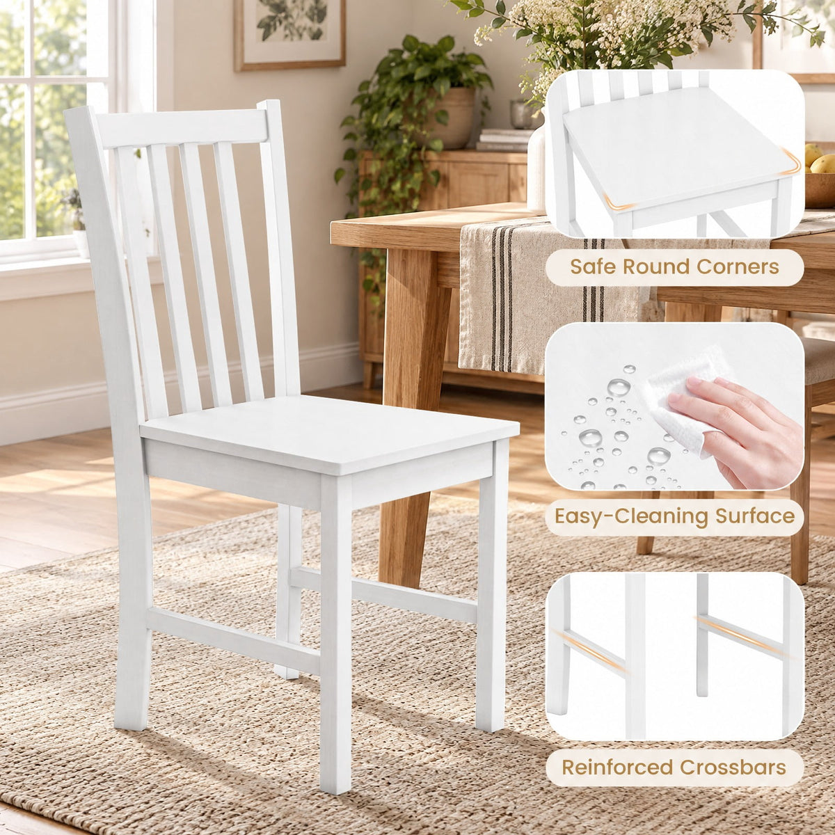 Airfind Rustic Dining Chairs Set of 2 Wooden Kitchen Chairs with Slat Tilt Backrest, Chair 330 lbs Capacity, Rubber Wood Frame, White