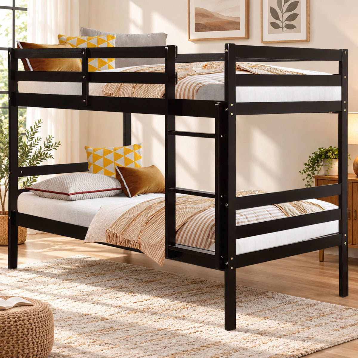 Airfind Twin Bunk Bed Children Wooden Bunk Beds Solid Hardwood, 78 x 42.5 x 60 (L x W x H) (Twin size) Suitable Footprint, Brown
