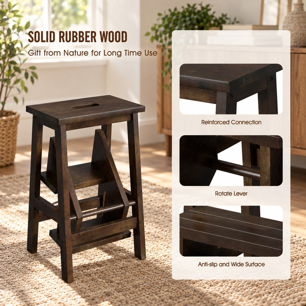 Airfind 3-in-1 Rubber Wood Step Stool with Convenient Handle, Rubber wood Frame, 22 x 16 x 24 Footprint, Brown