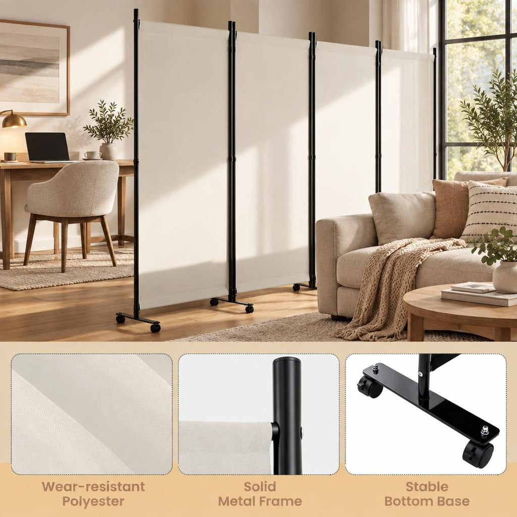Airfind 4 Panel Folding Privacy Screen Room Divider with Wheels, Polyester Fabric Metal PP Frame, 137 x 12 x 71.5 Footprint, White