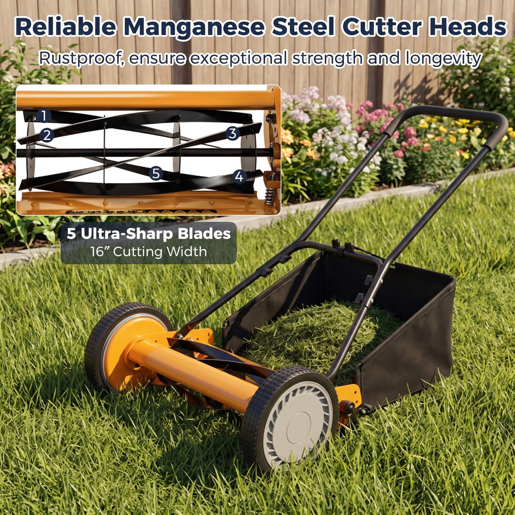 Airfind 16 Inch Push Lawn Mower with 5 Steel Blades and Grass Catcher Bag, Manganese Steel Metal PVC PP Frame, Orange