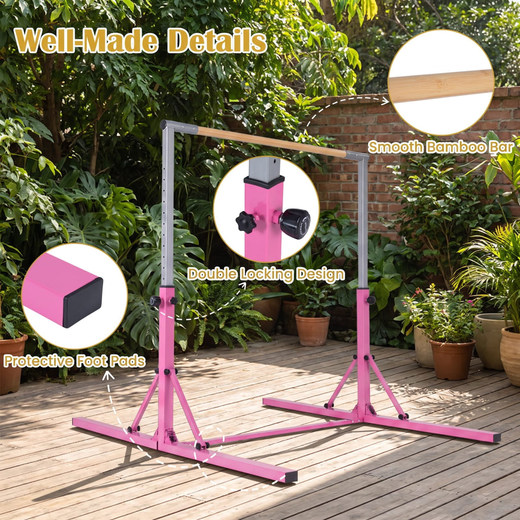 Airfind Foldable Gymnastics Bar for Kids with 3 Level Adjustable Height and Bamboo Grip Bar for Home Balance and Coordination Training, Pink