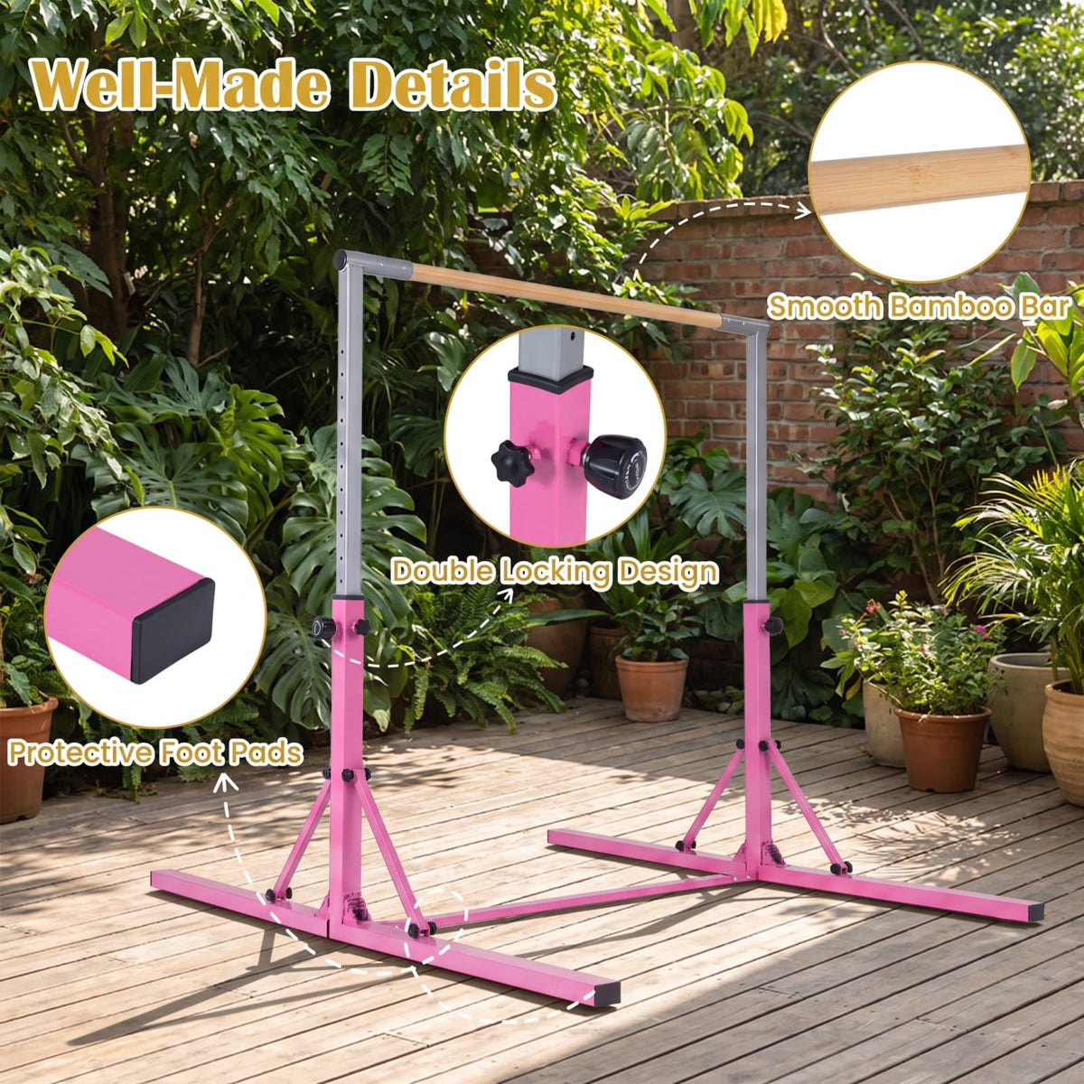 Airfind Foldable Gymnastics Bar for Kids with 3 Level Adjustable Height and Bamboo Grip Bar for Home Balance and Coordination Training, Pink