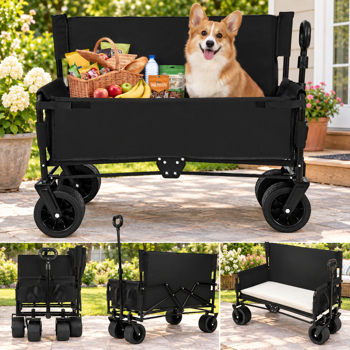 AIRFIND Collapsible Utility Wagon with 2-in-1 Bench Seat Design and 176 Lb Capacity for Beach, Camping and Outdoor Trips, Black