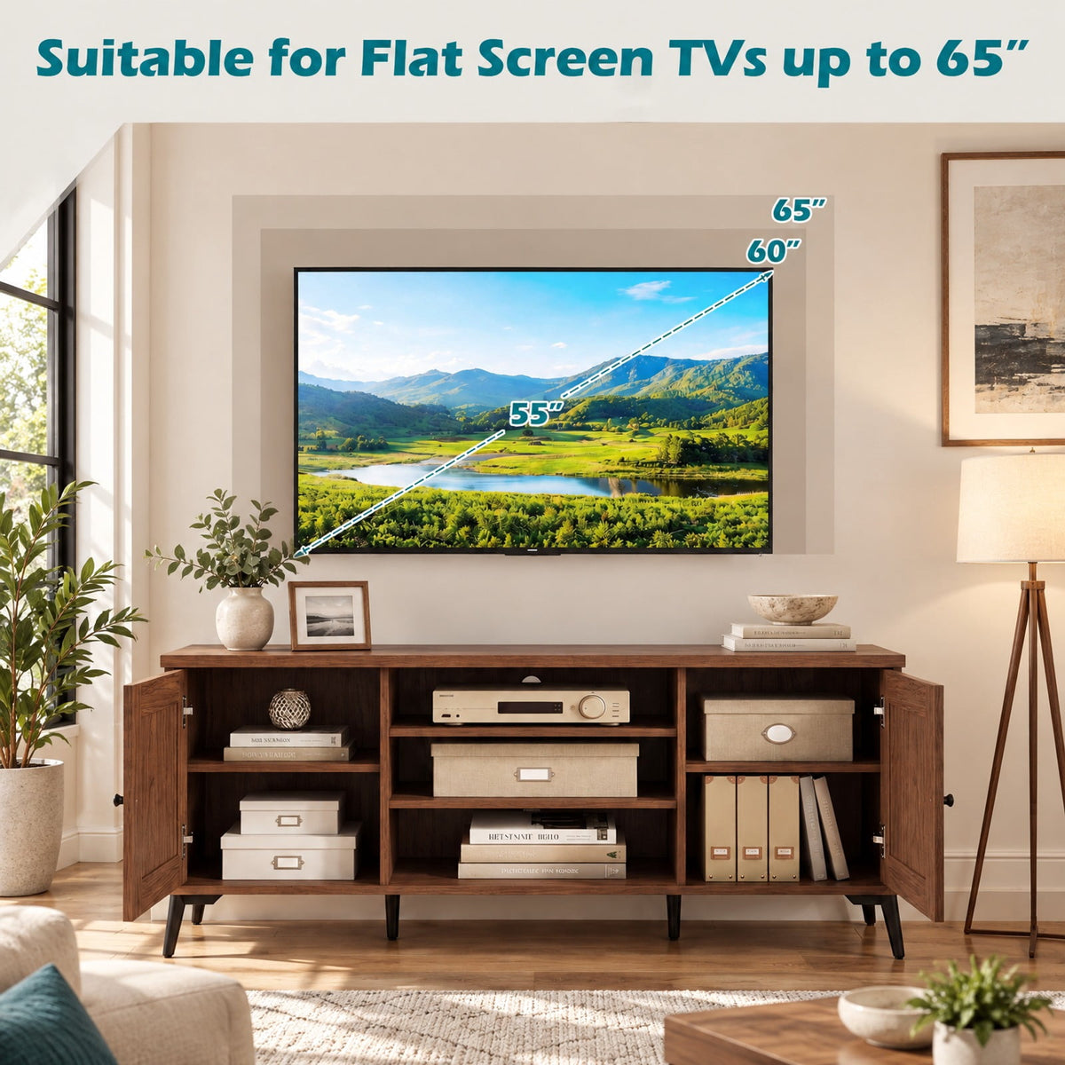 Airfind 2-Door TV Stand for TVs up to 65 Inch Mid Century Modern Entertainment Center, 176 lbs Capacity, Engineered Wood Metal Frame, Brown