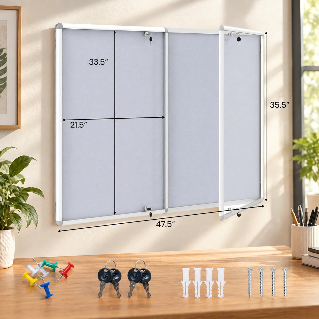 Airfind Enclosed Bulletin Board Lockable Cork Notice Board with Aluminum Frame, Felt Aluminum PET Frame, 47.5 x 35.5 Footprint, Sliver
