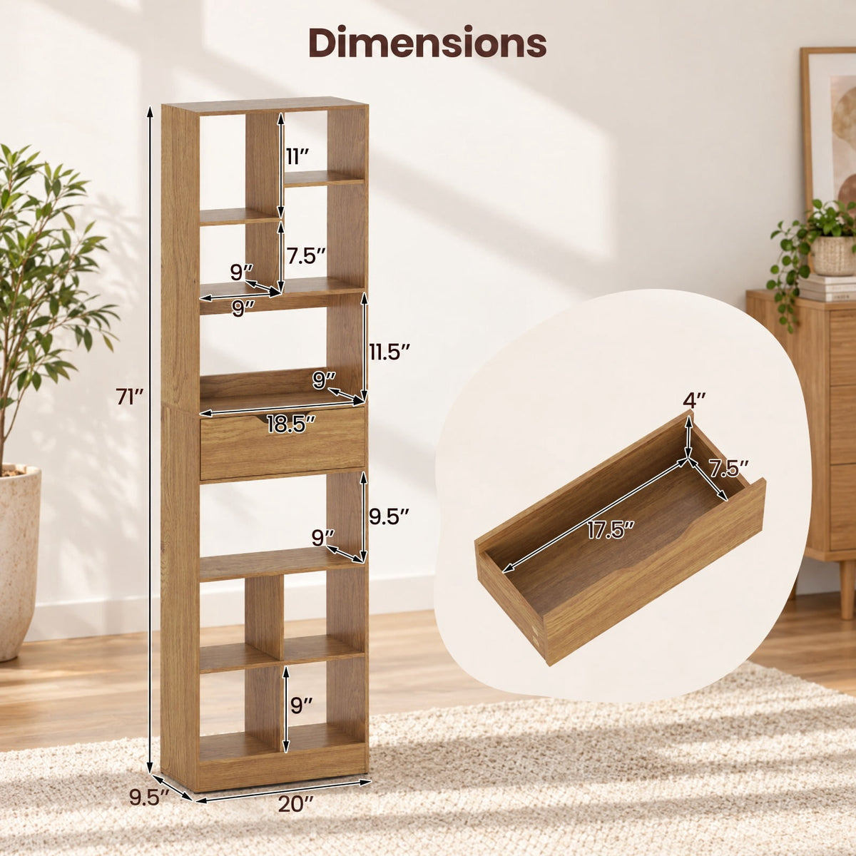 Airfind 71inch Tall Freestanding Bookcase with Drawer 10-Cube Storage Organizer, 205 lbs Capacity, Engineered Wood MDF Frame, Natural